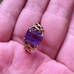 Vintage ALI 14K Gold Amethyst Cocktail Ring Size 7